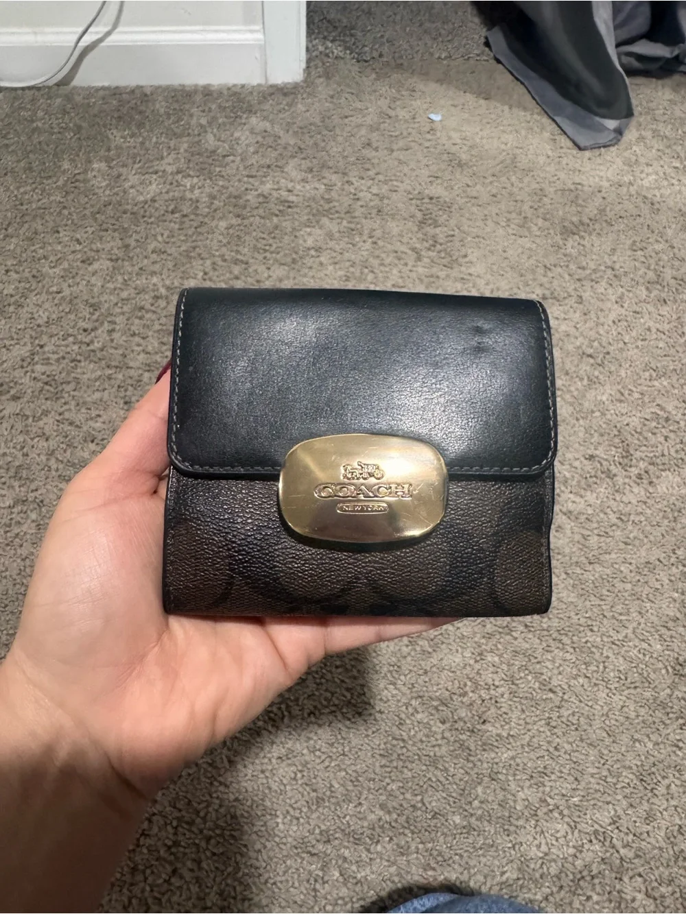 Coach Black Leather & Signature Canvas Compact Wallet with Gold Plaque